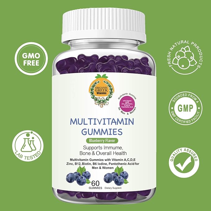 Organic Greek® Multivitamin Gummies with Vitamin A, C, D, E, Zinc, B12, Biotin, B6, Iodine, Pantothenic Acid for Men & Women with 13 Vitamins and Minerals Blueberry Flavor