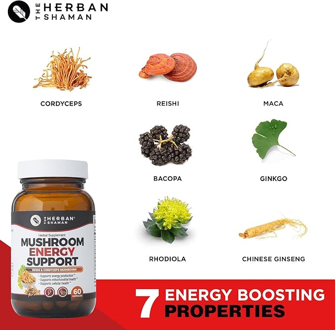 Mushroom Supplement Energy Support | Organic Mushroom Herbal Capsules with Reishi, Ginkgo, Rhodiola, Maca, Chinese Ginseng, CoQ10 + More (60 Capsules)