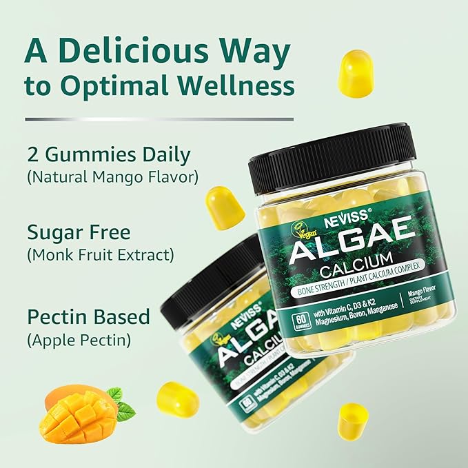 (2 Pack) Calcium Gummies for Women, Sugar Free Calcium Supplement from Sustainable Algae (3rd Party Tested) with Vitamin D3 K2, C, Zinc, Boron, Manganese for Bone Strength, Calcium Absoption, Vegan