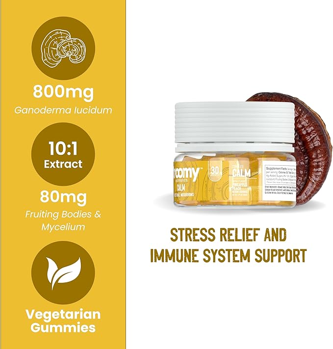 Troomy Reishi Calm Gummies Natural Pineapple Peach Flavor, Gelatin-Free, Gluten-Free, and Vegetarian - 30 Count