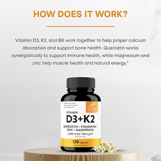Vitamin D3 K2 5000 IU Capsules 120 Count | Magnesium, VIT B6, Zinc & Quercetin | 5000IU D3, 120 mcg K2 | Superior Absorption, Supports Natural Energy, Immune, Bone & Muscle Health | for Men & Women