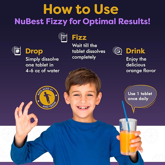 NuBest Tall Fizzy - Bone Strength, Immunity, Digestive Health for Kids & Teens | Probiotic, Calcium, Magnesium from Red Marine Algae, Vitamin D3, K2 & Zinc | 20 Orange Effervescent Tablets - Ages 4+