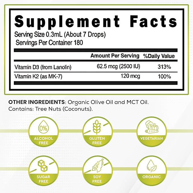 Vitamin D3 + K2 (MK-7) Liquid Drops with MCT Oil & Olive Oil - Vegetarian, Non-GMO, Soy-Free, Gluten-Free, Alcohol-Free, 1 Bottle, 2 Fl Oz (60 ml) - 180 Servings (2500 IU per Serving)