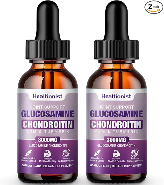 2 Pack Glucosamine Chondroitin MSM Liquid Drops, Extra Strength Joint Support Supplement for Adults Men & Women, Quercetin Boswelia, Bromelain, Antioxidant Immune Support (4 Fl oz)