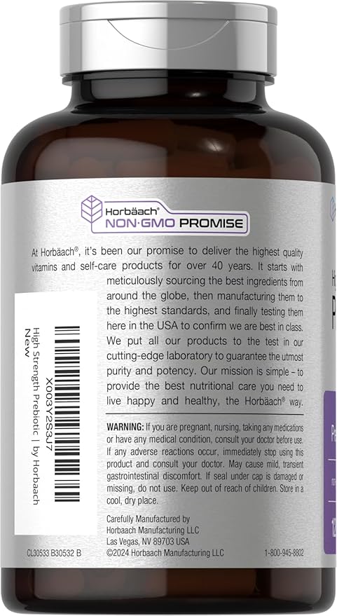 Horbäach Prebiotic for Men and Women | 120 Powder Pills | High Strength & Premium Quality Supplement | Non-GMO & Gluten Free Quick Release Capsules