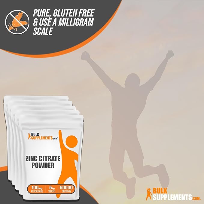 BulkSupplements.com Zinc Citrate Powder - Zinc Supplements, Zinc 30mg, Zinc Powder - Pure Zinc Citrate, for Immune Support - Gluten Free, 100mg per Serving, 5kg (11 lbs)
