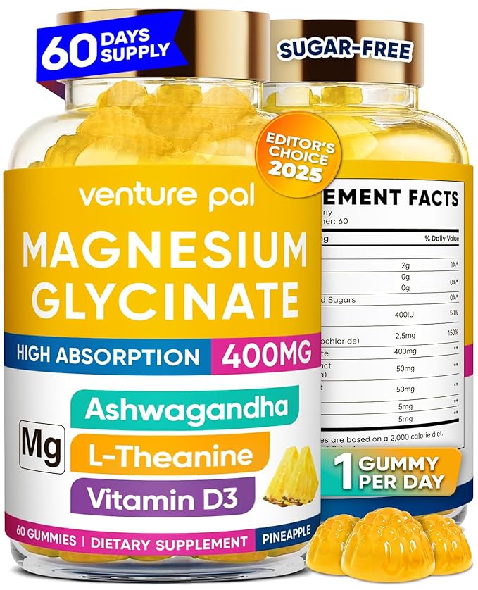 Venture Pal 60 Day Supply Magnesium Glycinate Gummies with Ashwagandha for Adults and Kids, L-Theanine, CoQ10, Sugar Free Magnesium Supplement 400mg for Calm Mood & Sleep, Gluten-Free & Vegan
