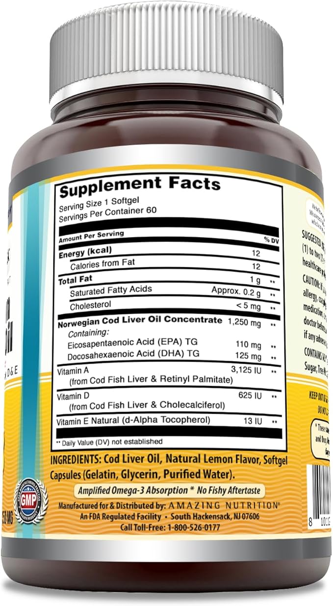 Amazing Omega Norwegian Cod Liver Oil 1250 Mg Softgels Supplement | Omega-3, EPA, DHA, Vitamin A, Vitamin D & Vitamin E (Lemon | 60 Count)