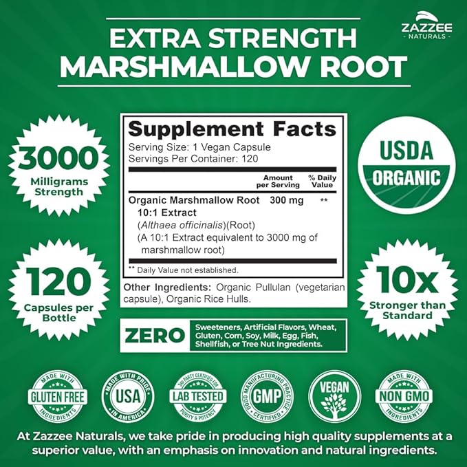 Zazzee USDA Organic Marshmallow Root 10:1 Extract, 3000 mg Strength, 120 Vegan Capsules, 4 Month Supply, Standardized, Concentrated 10X Extract, 100% Vegetarian, All-Natural, Non-GMO, Made in The USA