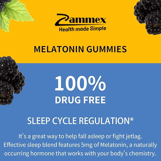 Zammex Melatonin Gummies 5mg | 60 Count | Sleep Supplement for Adult | Drug Free Sleep Aid Gummy | Natural Berry Flavor | Vegan, Non-GMO, Gluten Free