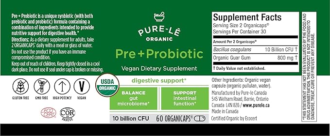 USDA Organic Prebiotic + Probiotic 60 Organicaps - Vegan Certified Organic Kosher Complete Daily Digestive Support. All Natural - Ultra Premium Digestive Dietary Supplement.