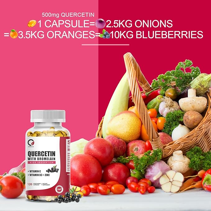 Quercetin 1000mg with Bromelain, Vitamin C & D3, Zinc, Bromelain Quercetin Supplements for Men & Women, Non-GMO & Gluten Free, 120 Capsules