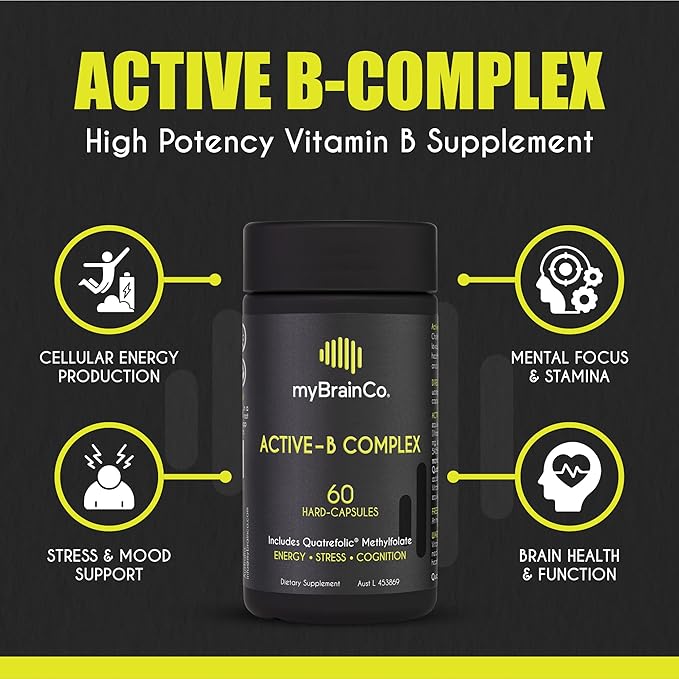 myBrainCo Active-B Complex Supplement - High Strength Activated Vitamin B Complex - Potent B2, B6, B12 Vitamins and Methyl-Folate Supplement to Support Cellular Energy and Cognition (60 Vege-Capsules)