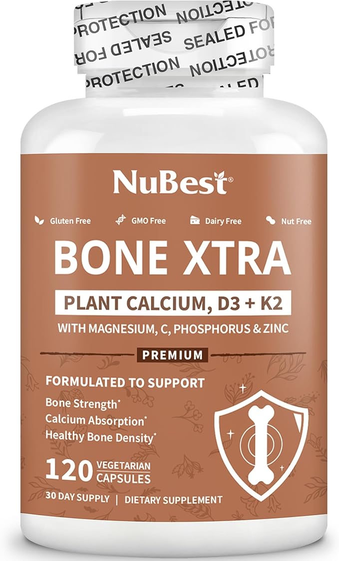 Bone Xtra - Vegan Bone Strength Formula for Stronger Bones, Plant-Based Calcium from Marine Algae, Vitamins D3, Vitamin K2, Magnesium, Phosphorus & More for Teens, Adults - 120 Caps | 1 Month Supply