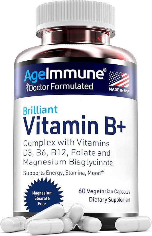 Vitamin B Complex with Vitamin D3 B12 B6 Magnesium Bisglycinate and Folate as Methylfolate - Doctor Formulated Methylated B Complex Supplement – 60 Capsules - Without Niacin