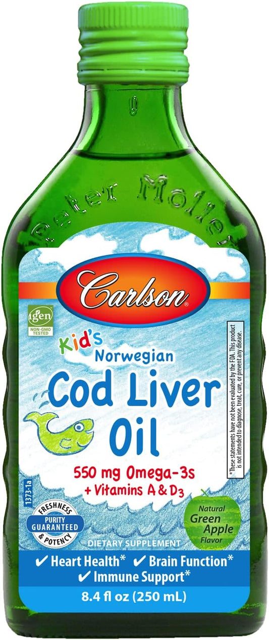 Carlson - Kid's Cod Liver Oil, 550 mg Omega-3s, Plus Vitamins A and D3, Liquid Fish Oil, Wild Caught Norwegian Arctic Cod, Sustainably Sourced Nordic Fish Oil, Green Apple, 250 mL (8.4 Fl Oz)