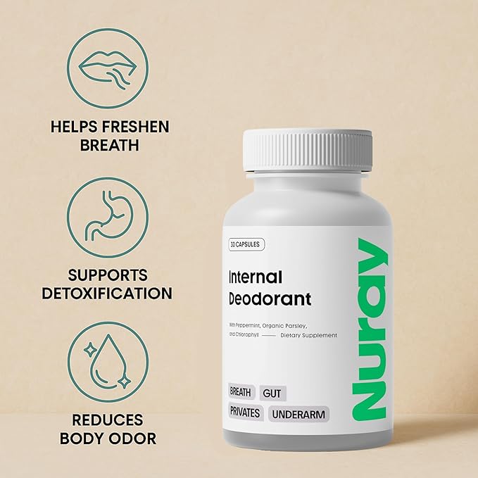 Nuray Internal Deodorant Supplement | Natural Chlorophyll 30 Capsules for Body Odor Control, Gut Health, and Fresh Breath | Vegan, Detox Support, & Skin Health | Odor Eliminator for Men & Women