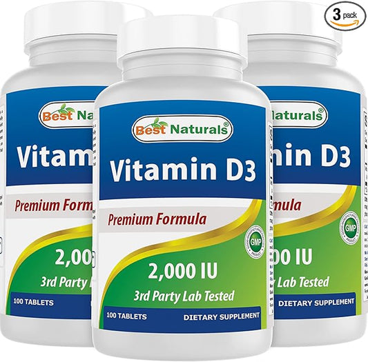Best Naturals Vitamin D3 2000 IU (50 mcg) - 100 Tablets - 100 Days Supply - Helps Support Immune Health, Strong Bones and Teeth, & Muscle Function (100 Count (Pack of 3))