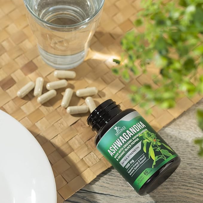 Organic Ashwagandha 1,950 mg - Extra Strength Unwind, Calm & Relax Support with BioPerine - Natural Focus & Energy Support Supplement - Nature's Non-GMO, Vegan, Gluten Free - 60 Capsules