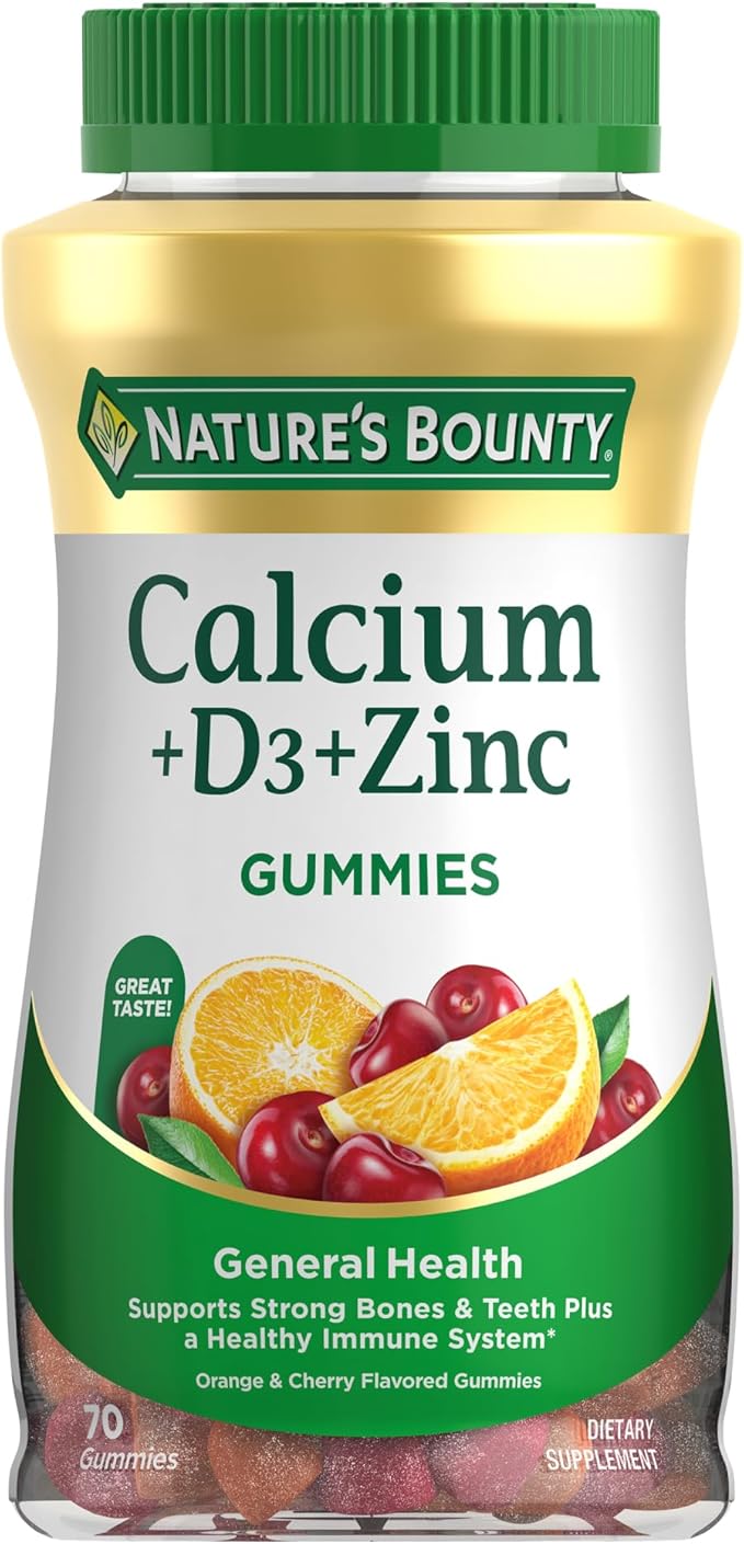 Nature's Bounty Calcium + D3 + Zinc Gummies, Supports Strong Bones & Teeth Plus a Healthy Immune System, 500mg, Orange and Cherry Flavored, 70 Gummies