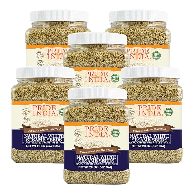 Pride Of India - PACK of 6 - White Sesame Seeds Unhulled - Calcium & Iron Superfood, 1.25 Pound (20oz) Jar
