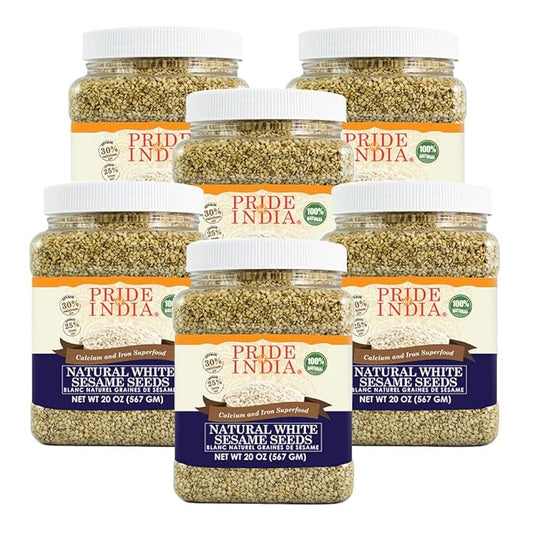 Pride Of India - PACK of 6 - White Sesame Seeds Unhulled - Calcium & Iron Superfood, 1.25 Pound (20oz) Jar