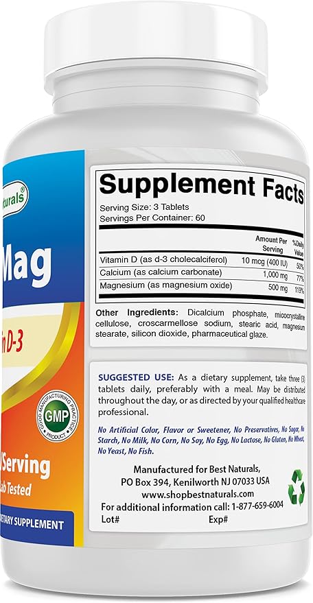 Best Naturals Calcium Magnesium with Vitamin D3 1500mg Serving 180 Tablets (180 Count (Pack of 3))