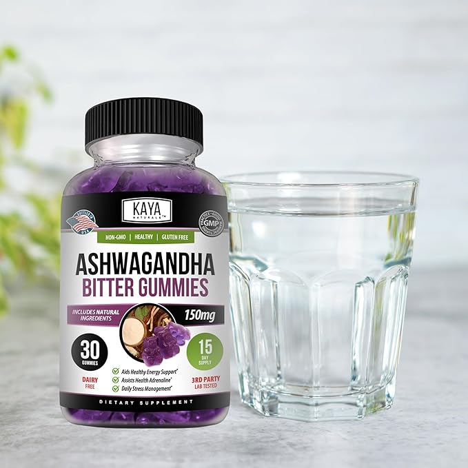 Kaya Naturals Ashwagandha Bitter Gummies - Natural Stress Relief, Boost Energy & Mental Clarity, Non-GMO, Gluten-Free, Chewable Gummies - 30 Count