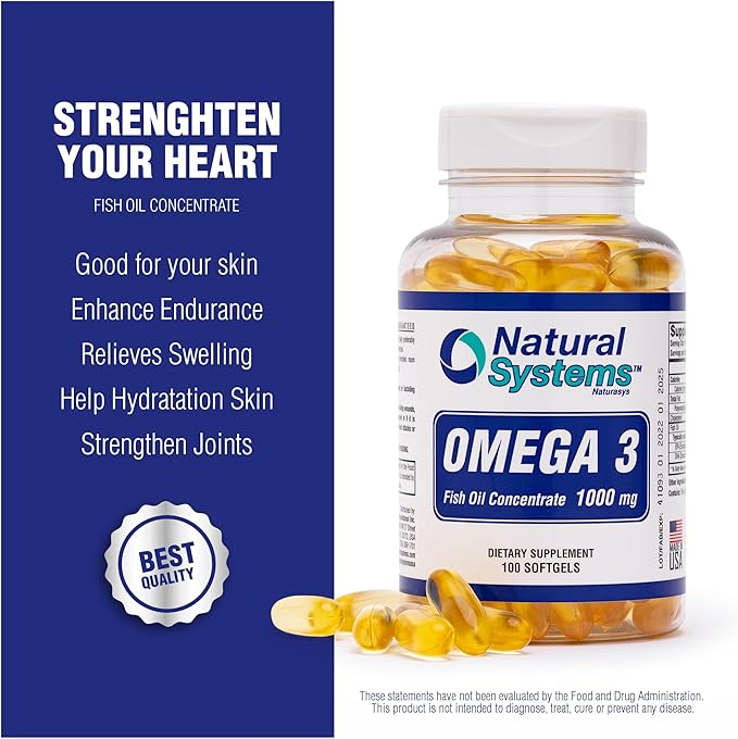 Omega 3 1000mg Fish Oil 100 Concentrated Softgels by Natural Systems - Omega 3 Supplements - Capsules for Daily Diet - EPA - DHA - Perfect for Heart, Eye, Brain and Joints Support*