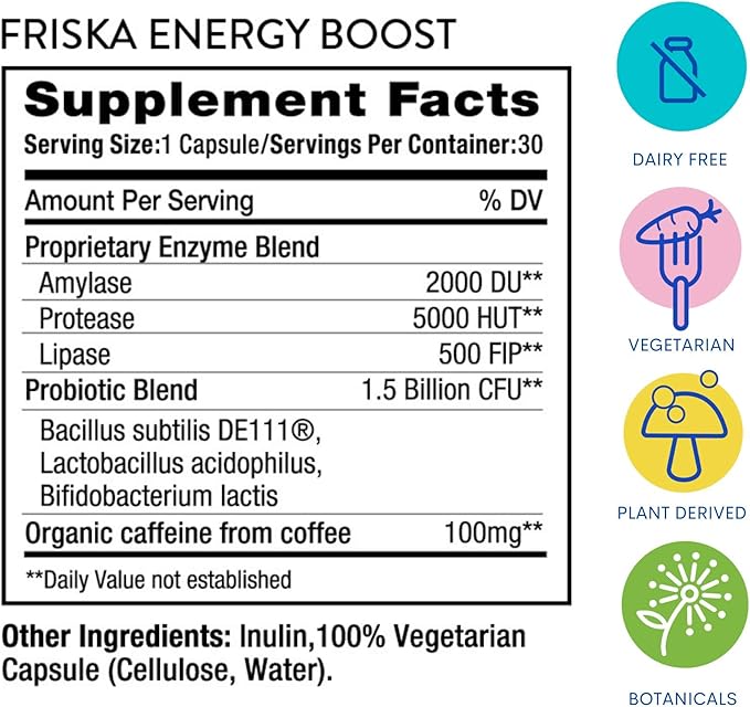 FRISKA Energy Boost Enzyme and Probiotics Supplement, Promotes Better Digestion and Energy for Men and Women, Gut Health, 30 Capsules