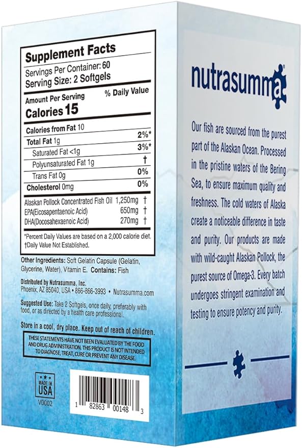 High Purified Omega 3 Supplement Wild Alaskan Fish Oil Burpless & No Fishy Taste, 650mg EPA &270mg DHA of 1250mg Fish Oil softgels, Gluten Free, Heart, Brain& Immune Support, 60 Servings