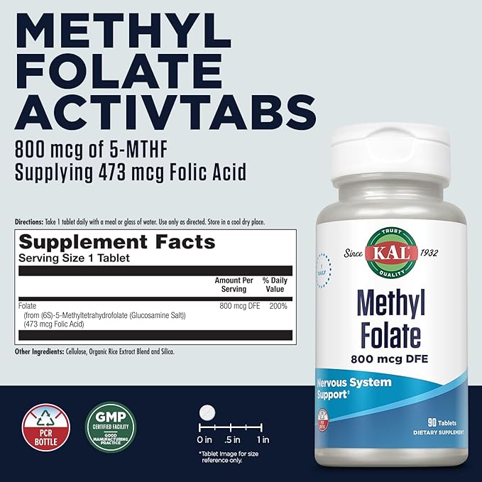 KAL Methyl Folate 800 mcg DFE, 5-MTHF Active Form Vitamin B9, Folic Acid Supplement, Heart Health, Prenatal, Mood and Brain Support, Fast Dissolving ActivTab, 60-Day Guarantee, 90 Servings, 90 Tablets
