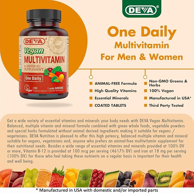DEVA Vegan Multivitamin & Mineral Supplement with Iron 2-Pack, Spirulina, Chlorella, Ashwagandha, Broccoli & More, 90 Coated Tablets Each