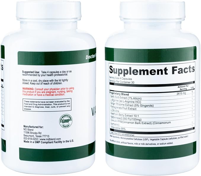M.D. Vascular - Expert Formulated Supplement - Vascular & Overall Wellness Goals - Proper Flow, Numbers, Balance - Powerful Garlic, Ginger, L-Arginine, Pomegranate - 120 Capsules (Pack of 1)