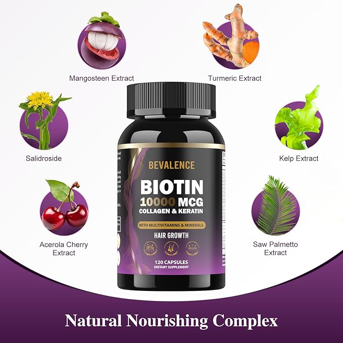 Biotin 10,000MCG Hair Growth Support for Women & Men with Collagen & Keratin – Hair, Skin & Nails Vitamins with Multivitamins & Minerals – 120 Capsules (2-Month Supply)