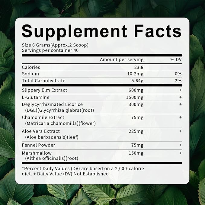 Slippery Elm, Organic Slippery Elm Bark Powder with L-Glutamine, DGL, Chamomile, Aloe Vera, Fennel, Marshmallow, Natural Herbs for Soothing Throat & Digestive Support, 40 Servings