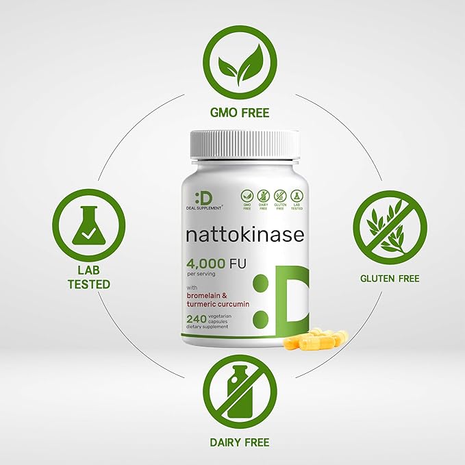 DEAL SUPPLEMENT Nattokinase 4,000 FU Per Serving, 240 Veggie Capsules – Bromelain, Turmeric Curcumin, with Black Pepper Complex – Heart Health & Digestive Enzymes – Non-GMO, Vegan