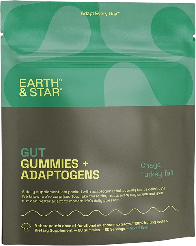 Earth and Star Mushroom Gummies - Gut Support | Chaga and Turkey Tail Mushrooms | Nootropic Mushroom Supplement Boosting Digestive and Gut Health | 60 Gummies
