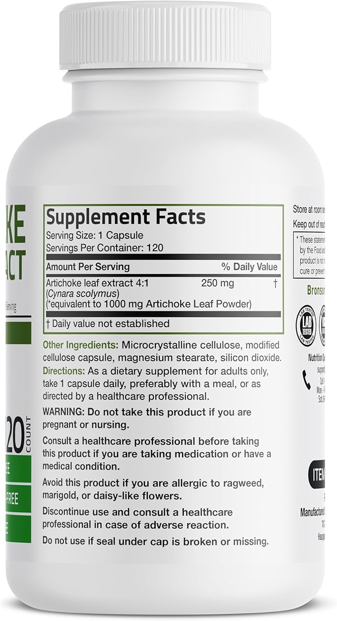 Bronson Artichoke Leaf Extract Extra Strength Supports Healthy Digestion Healthy Liver Function, Non-GMO, 120 Vegetarian Capsules