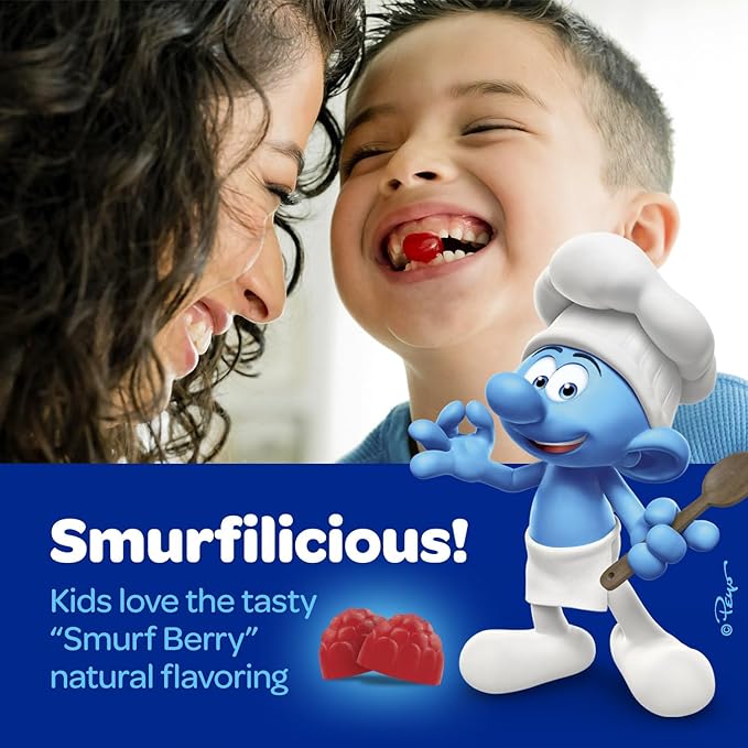 The Smurfs 1mg Melatonin Gummies for Kids with Chamomile & Lemon Balm for a Restful Sleep Age 3+ | Non-Habit Forming | Made with Real Fruit in a Smurf Berry | Doctor Developed | 50 Vegetarian Gummy