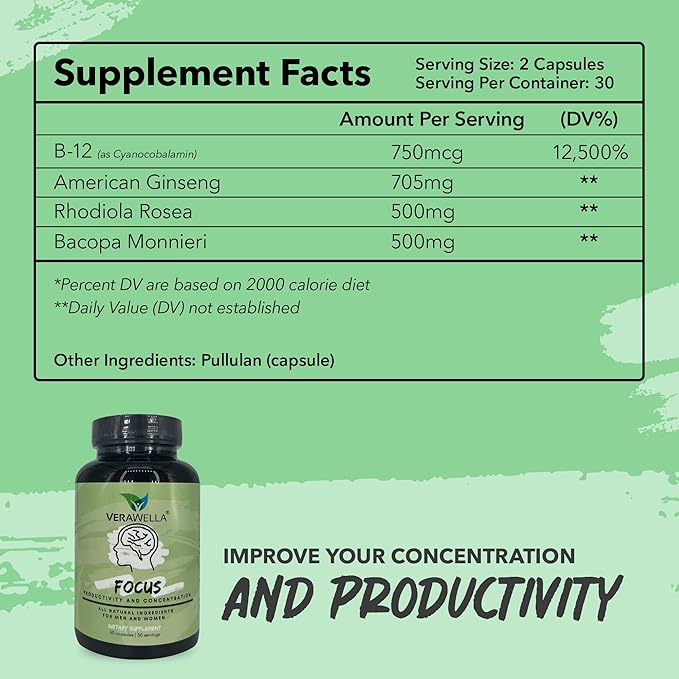 Focus, Anti Brain Fog, Brain Booster with American Ginseng, Rhodiola & Bacopa Monnieri, Supports Productivity and Concentration, 60 Capsules (30 Servings)