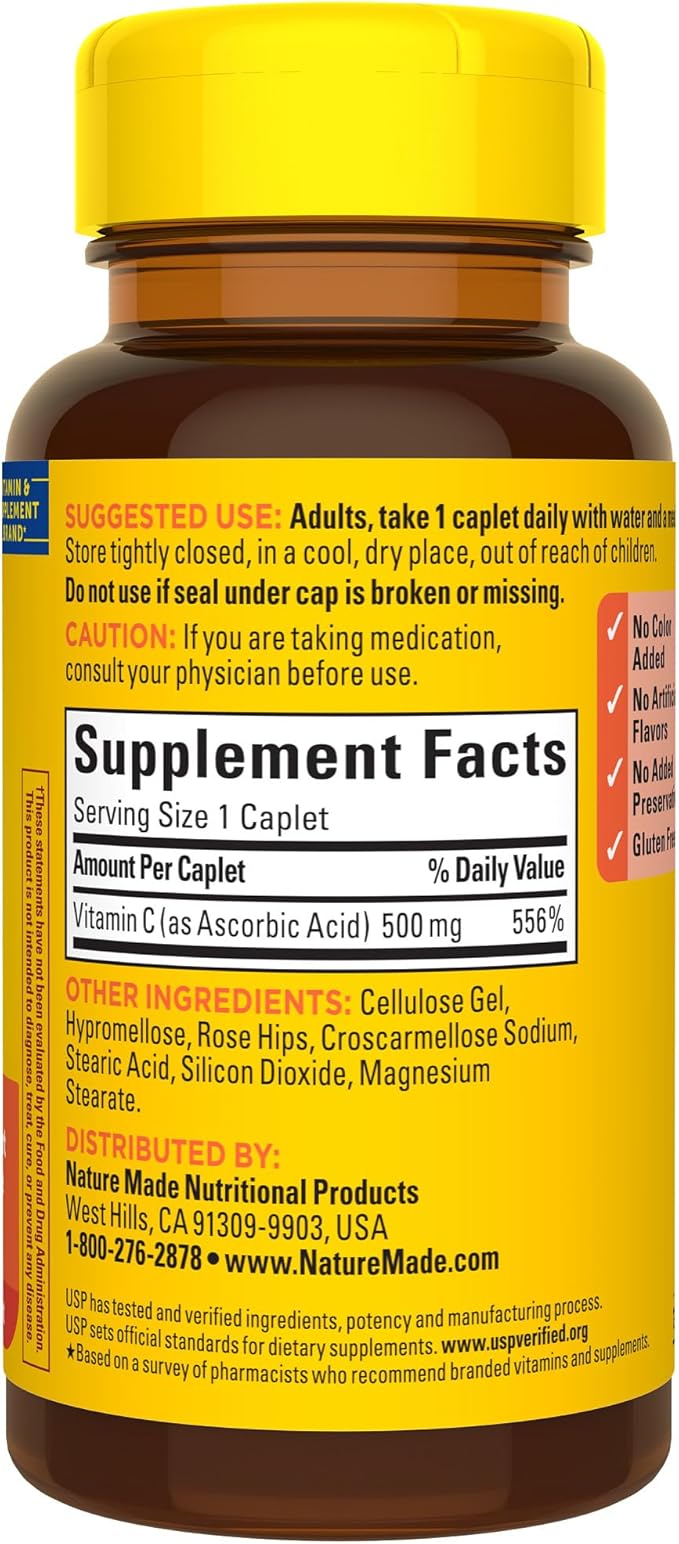 Nature Made Vitamin C 500 mg with Rose Hips, Dietary Supplement for Immune Support, 130 Caplets, 130 Day Supply