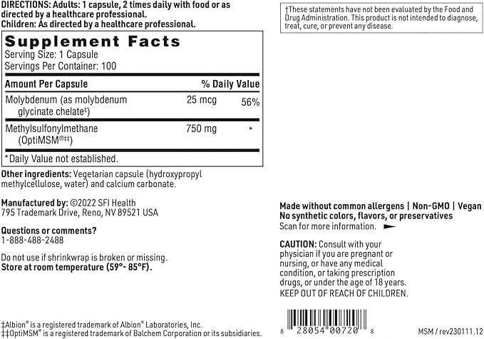 Klaire Labs MSM 750 - Clinically Tested to Support Joint Comfort & Structure, Methylsulfonylmethane as OptiMSM (100 Capsules)