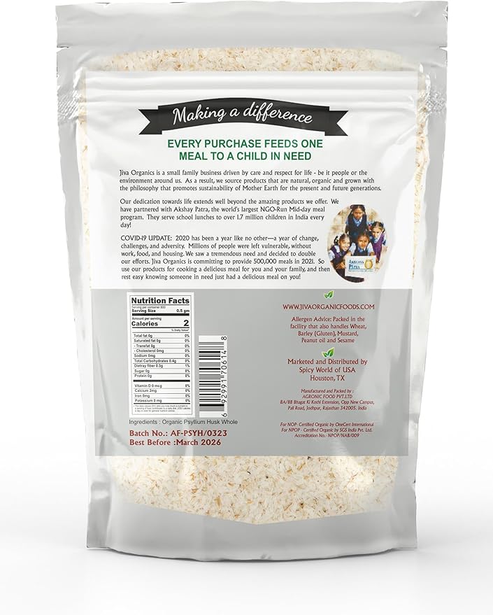 Jiva USDA Organic Whole Husk Psyllium (Isabgol) 12 Ounce
