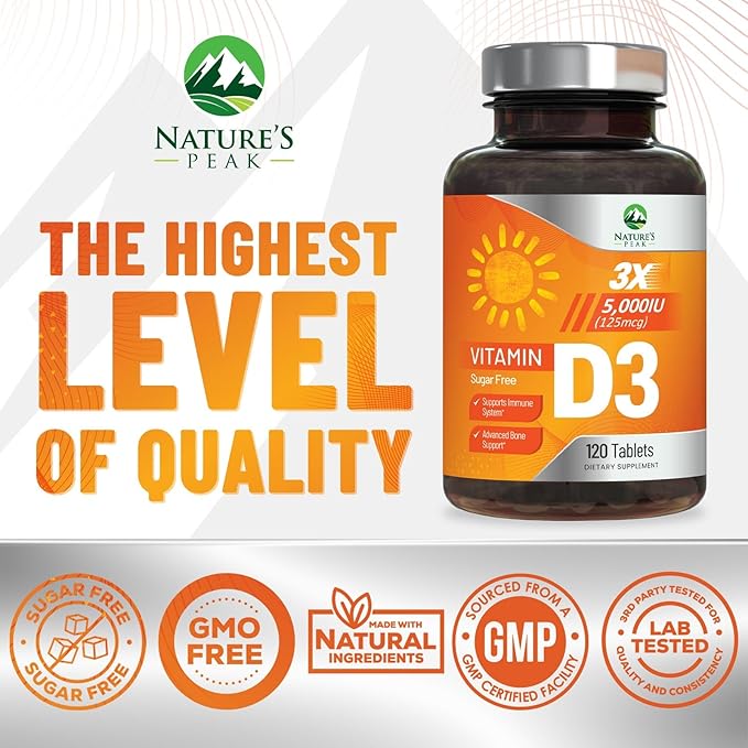 Vitamin D3 5000iu (125 mcg) Immune Health Support - High Potency Vitamin D Dietary Supplement for Bone, Teeth, Muscle - Nature's VIT D, Vegan, Gluten Free, Raspberry Flavor - 120 Chewable Tablets