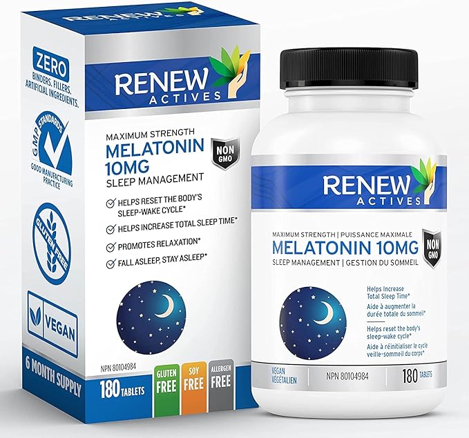 Renew Actives Melatonin 10mg per Serving – Promotes a Deeper, Longer & Ideal for Sleep Management, Jet Lag & to Reset Your Sleep Cycle - Made in Canada - 180 Tablets