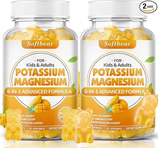 softbear Potassium Magnesium Gummies for Women, Calcium Magnesium Potassium Supplements with Vitamins Sugar-Free Potassium Citrate Gummies Support Muscle Health, Mango Flavor 120 Count