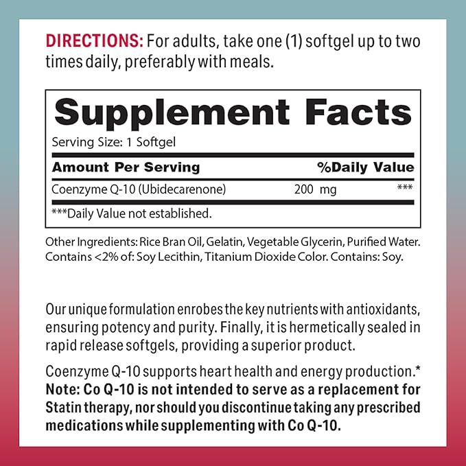 Vitamin World CoQ10 200 mg Softgels, Coenzyme Q10 Supplements for Antioxidant Support, Heart Health & Energy Production, Gluten Free, 120 Rapid Release Softgels