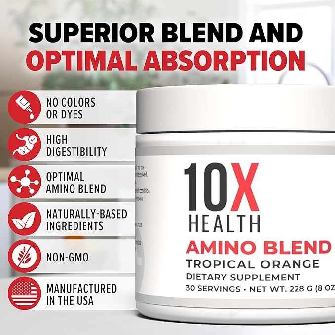 10X Health Amino Blend Tropical Orange - Contains EAA and BCAA Amino Acids Supplement - Essential Amino Acids Powder for Men and Women, Pre and Post-Workout Amino Energy Boost - 30 Servings