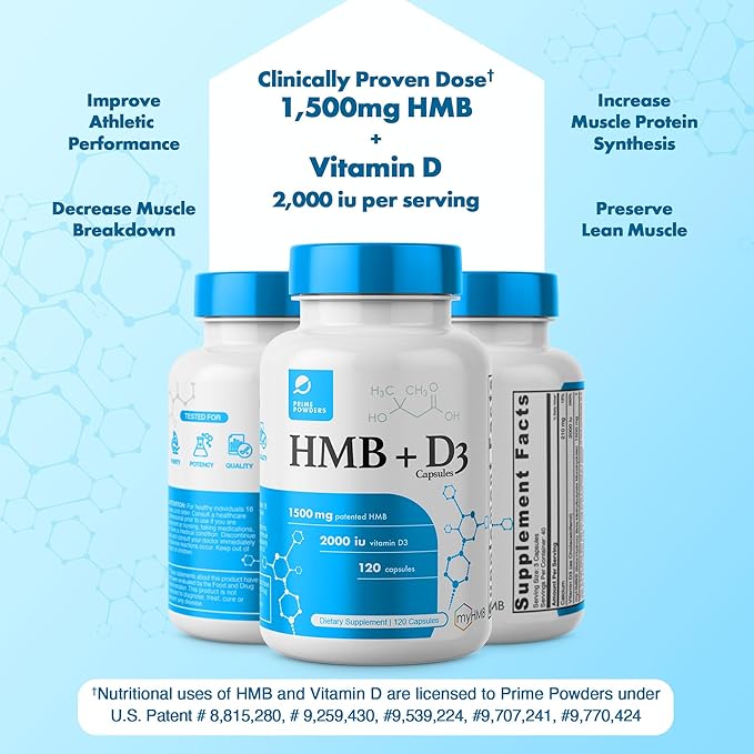 HMB and Vitamin D3 Supplement, 1,500mg Patented Formula with Clinical Dose, Preserve Lean Muscle with Ageless Performance, Beta-Hydroxy Beta-Methylbutyrate Capsules, 120 Count